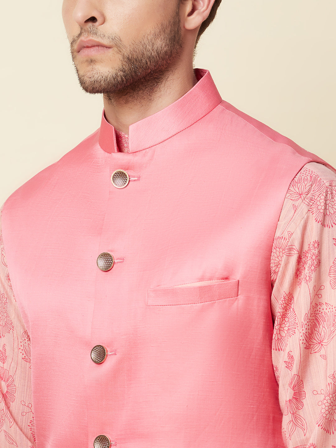 Pink Floral Print Kurta Set with Bundi Jacket - Spring Break