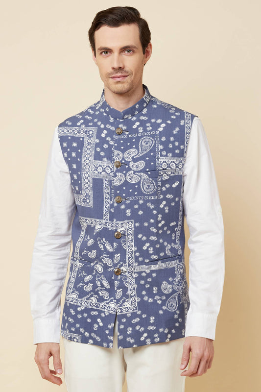 Blue Paisley Print Bundi Jacket - Spring Break