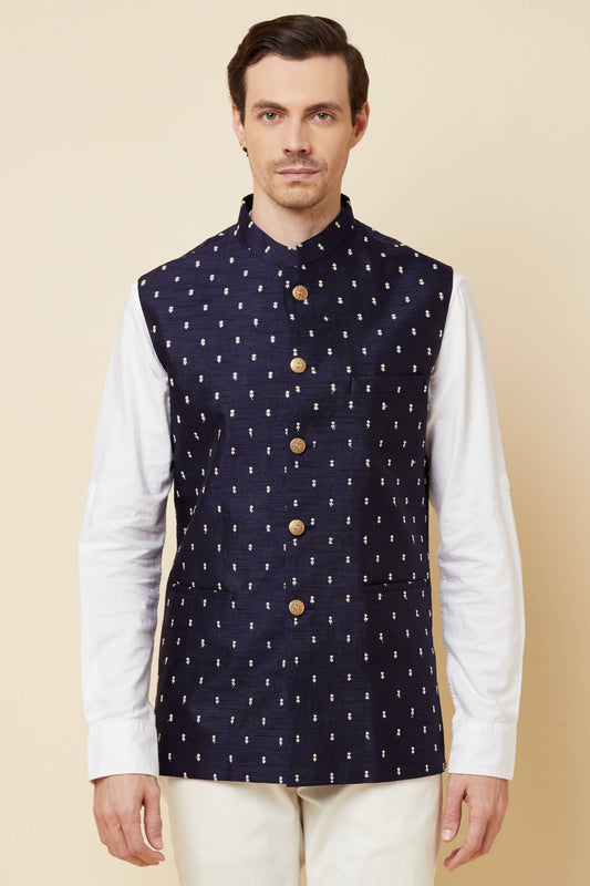 Navy Blue Embroidered Bundi Jacket - Spring Break