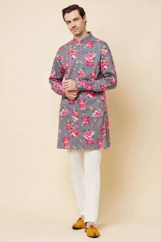 Grey Floral Print Kurta Set - Spring Break