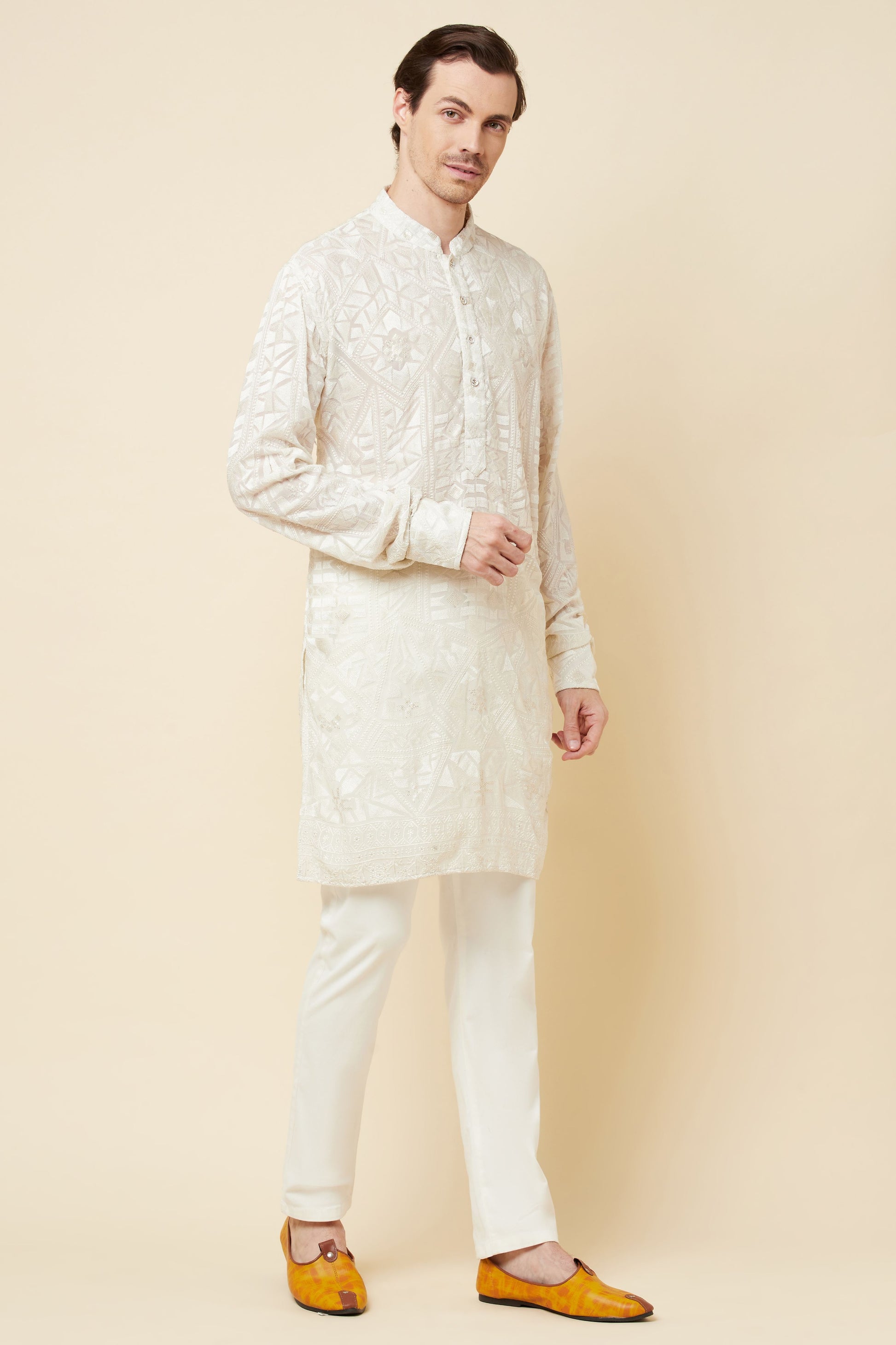 White Lucknowi Embroidered Kurta Set - Spring Break