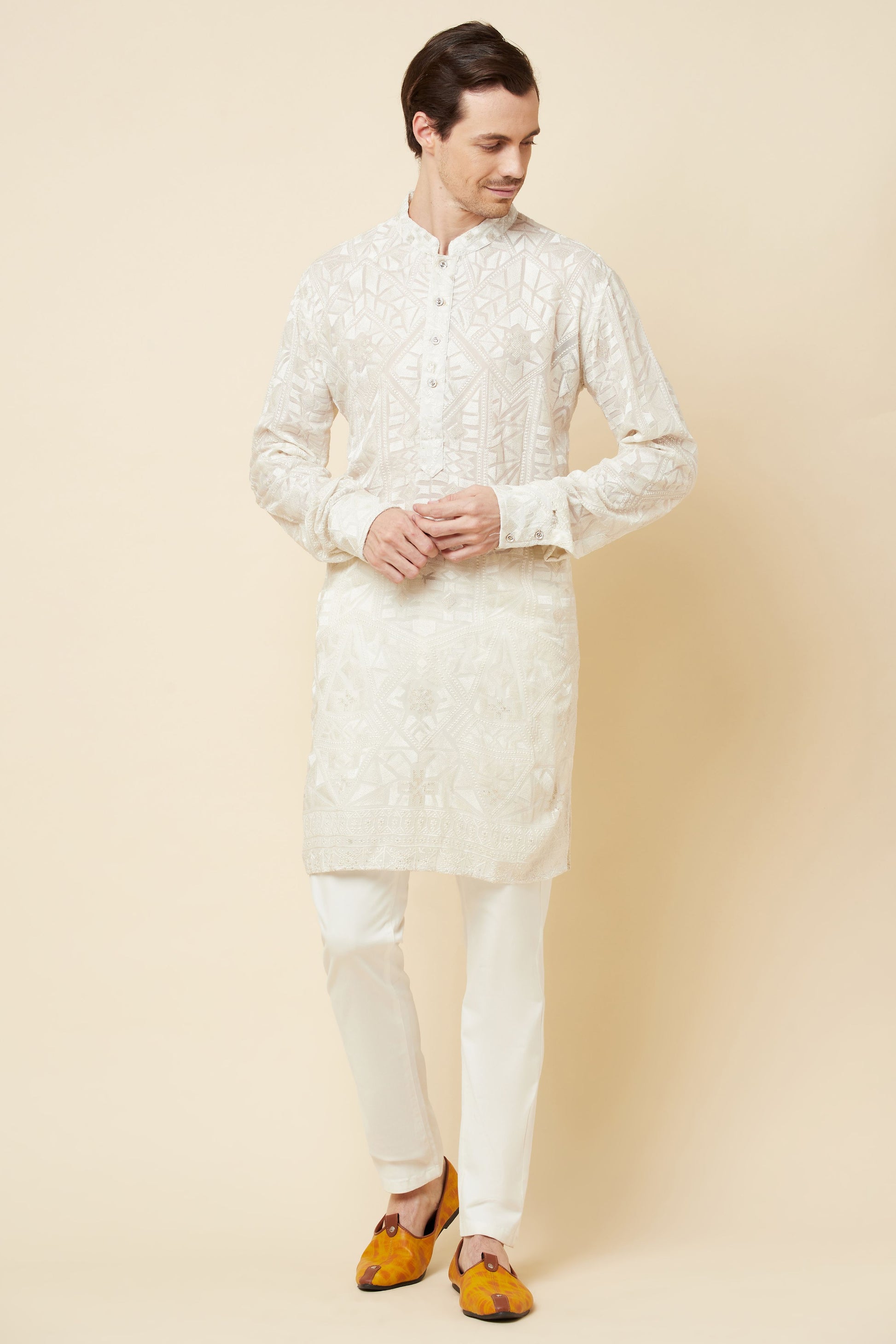 White Lucknowi Embroidered Kurta Set - Spring Break