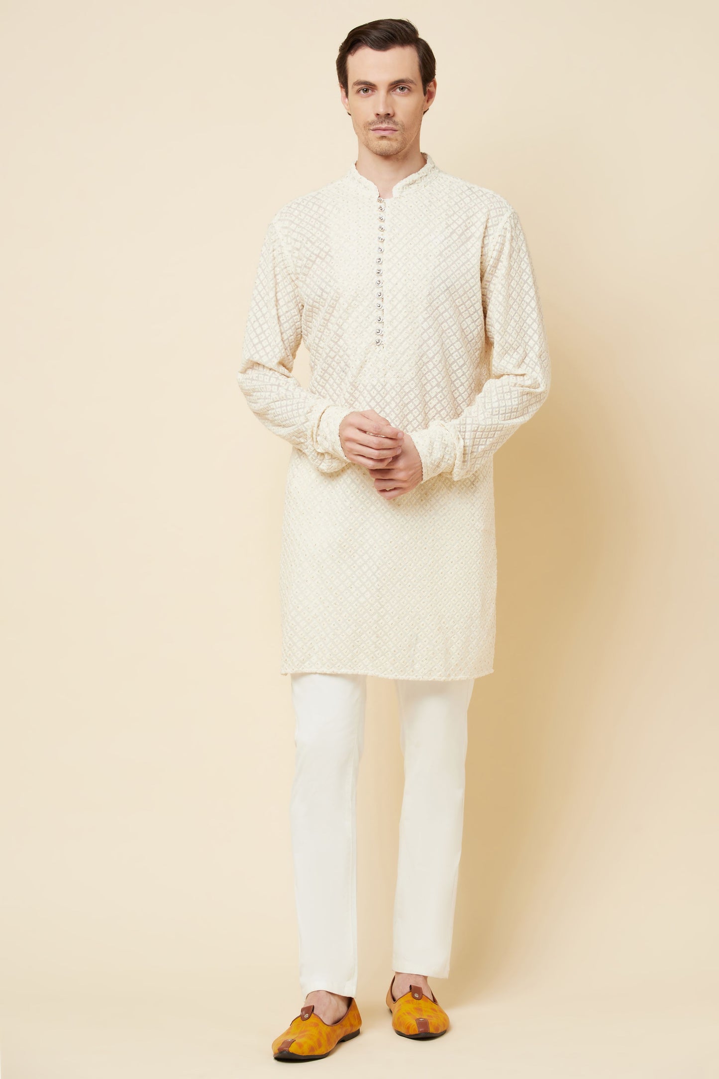 White Lucknowi Embroidered Sequin Kurta Set - Spring Break