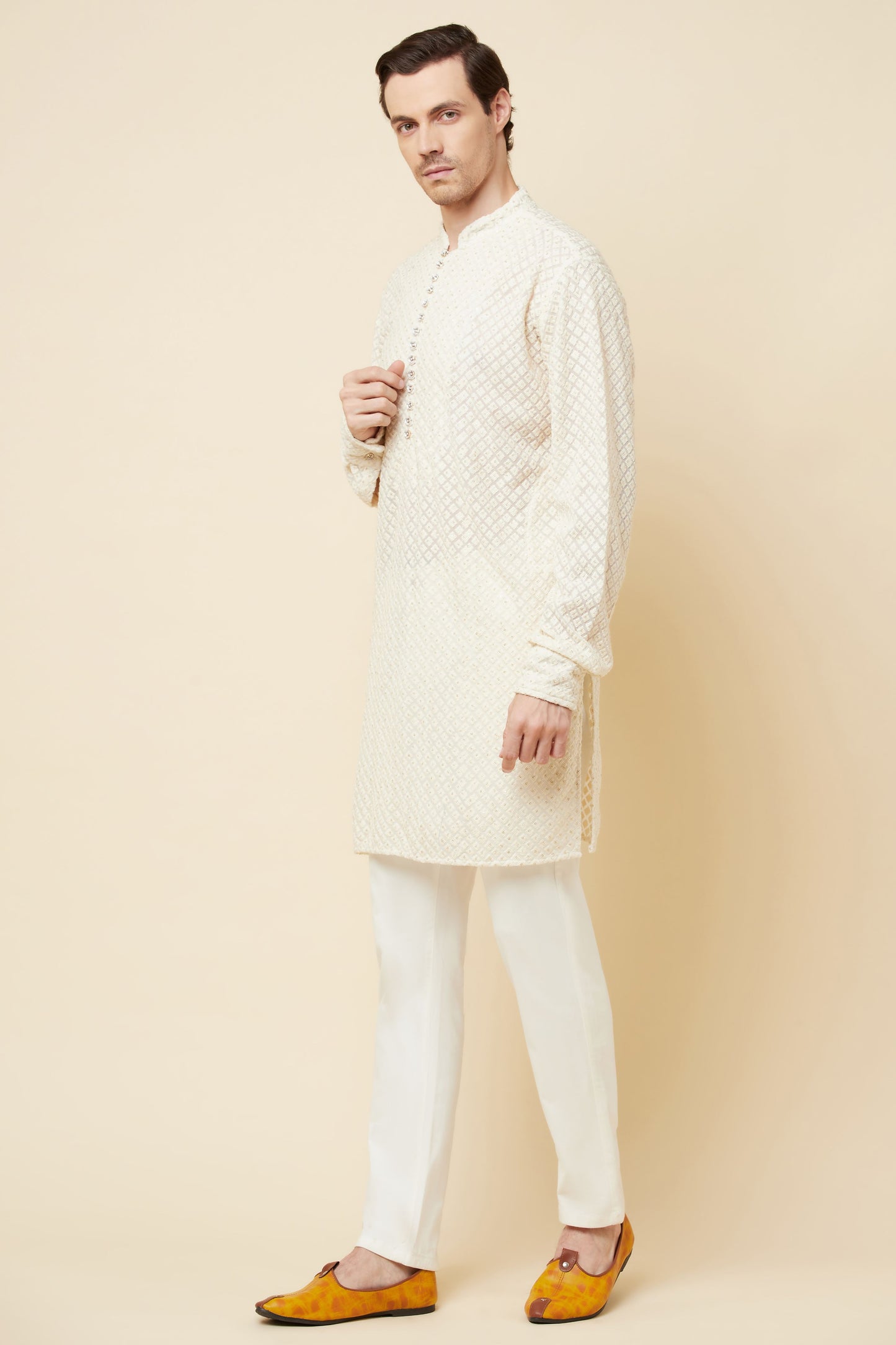 White Lucknowi Embroidered Sequin Kurta Set - Spring Break