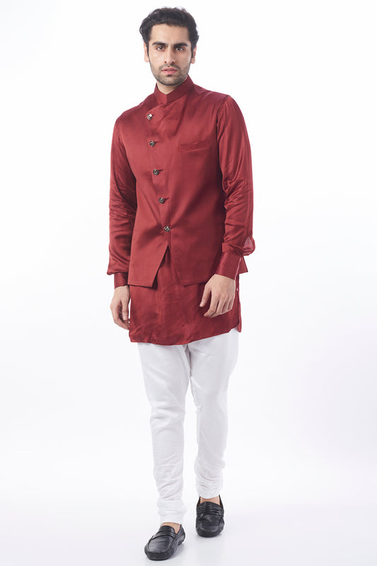 Maroon Asymmetrical Bundi Jacket with Kurta Set - Spring Break
