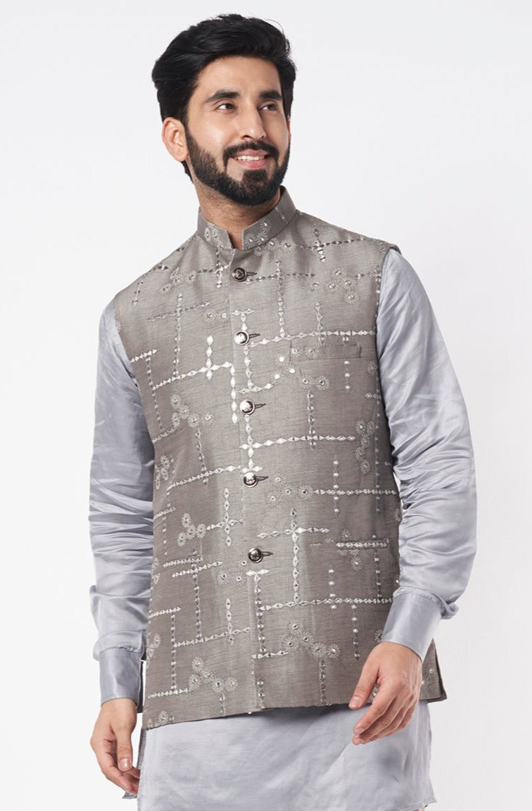 Grey Mirror Embroidered Bundi Jacket - Spring Break