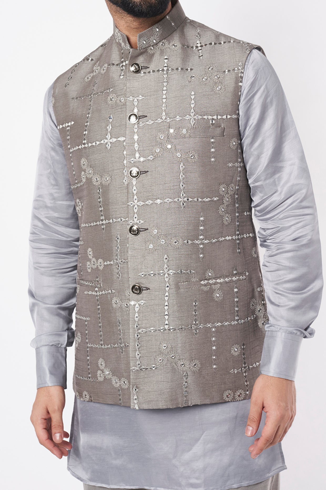 Grey Mirror Embroidered Bundi Jacket - Spring Break