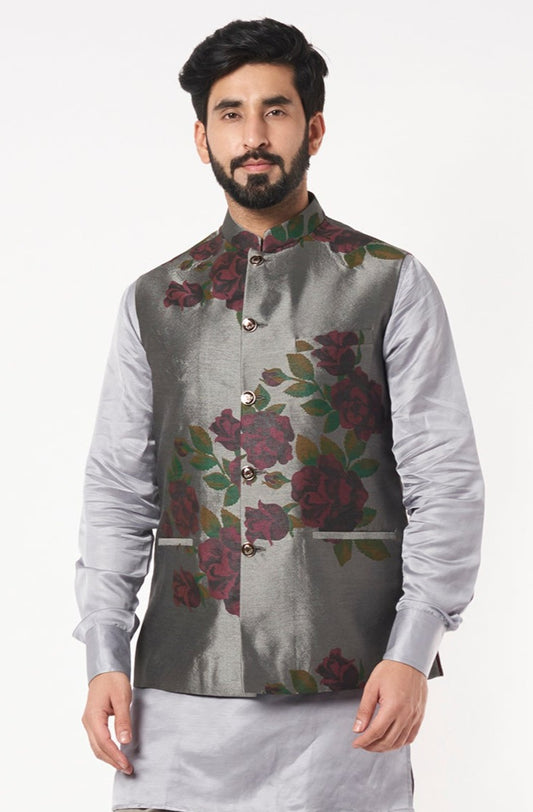 Grey Floral Print Bundi Jacket - Spring Break