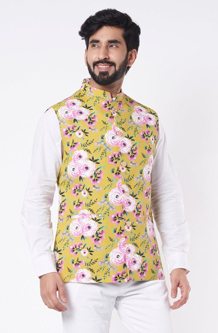 Yellow Floral Print Bundi Jacket - Spring Break