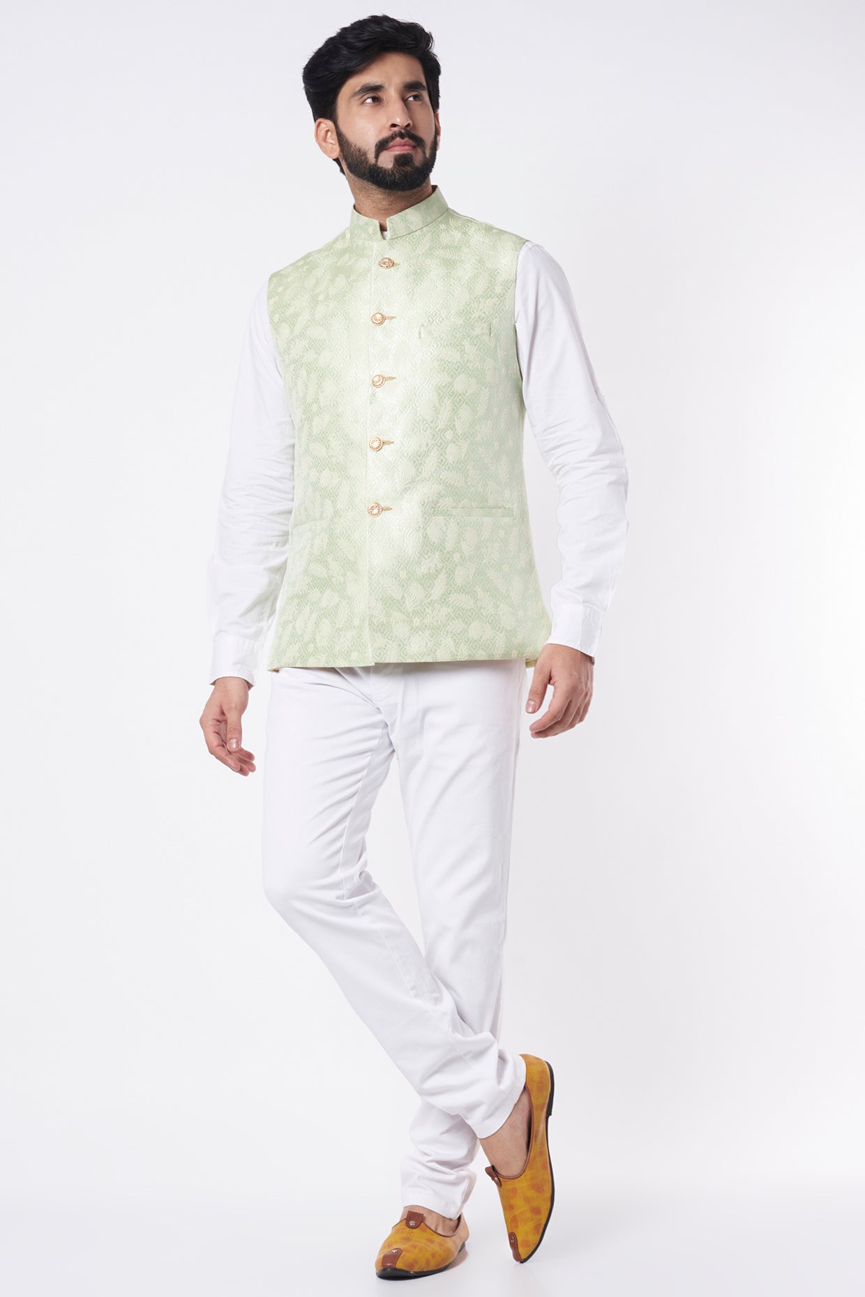 Mint Green Jacquard Nehru Jacket - Main Image