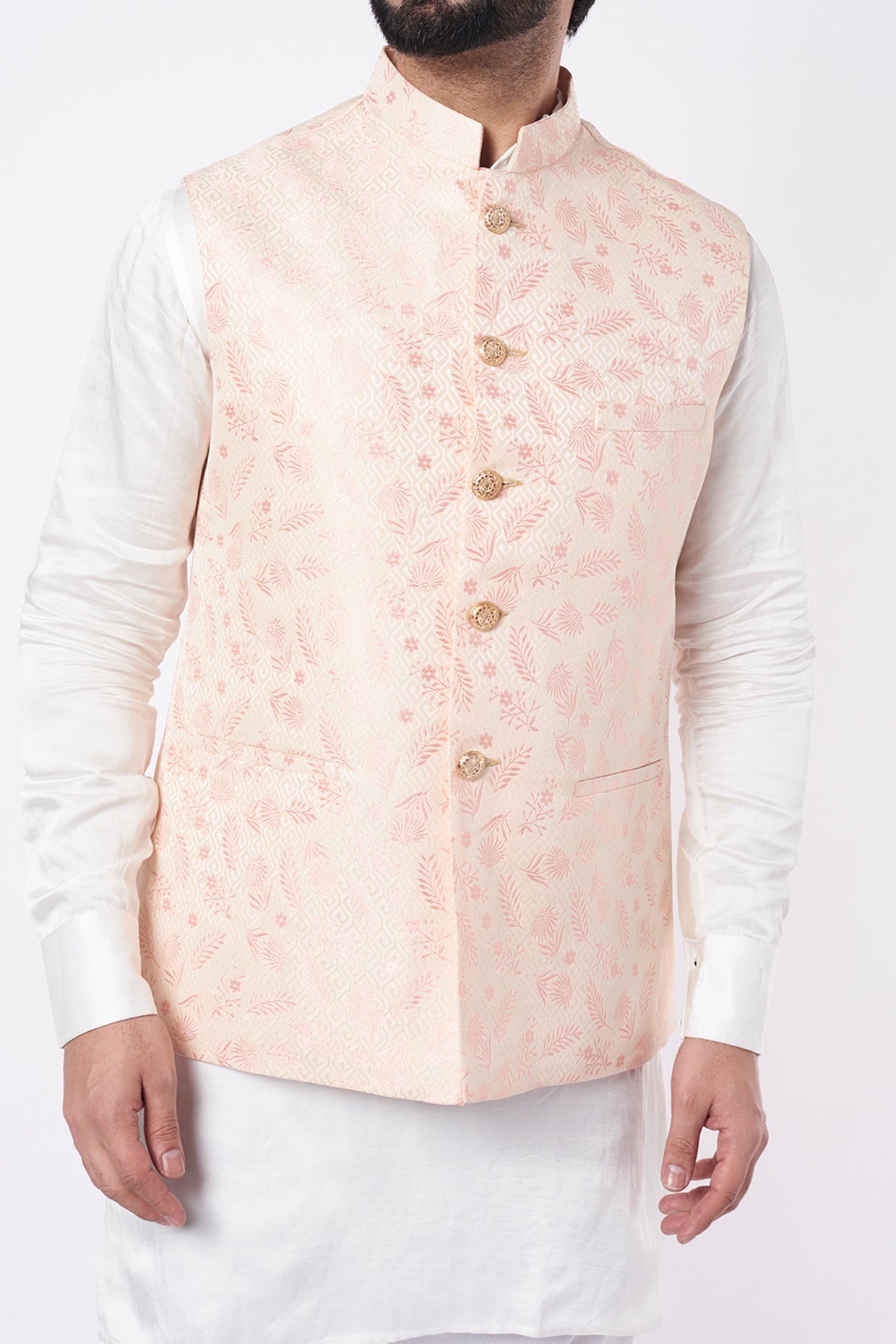 Pink Jacquard Bundi Jacket with Kurta Set - Spring Break