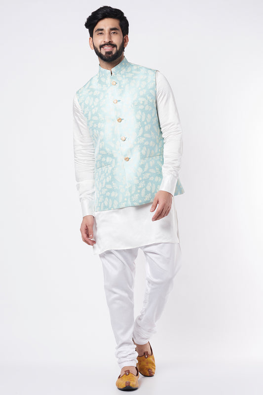 Blue Jacquard Bundi Jacket with Kurta Set - Spring Break