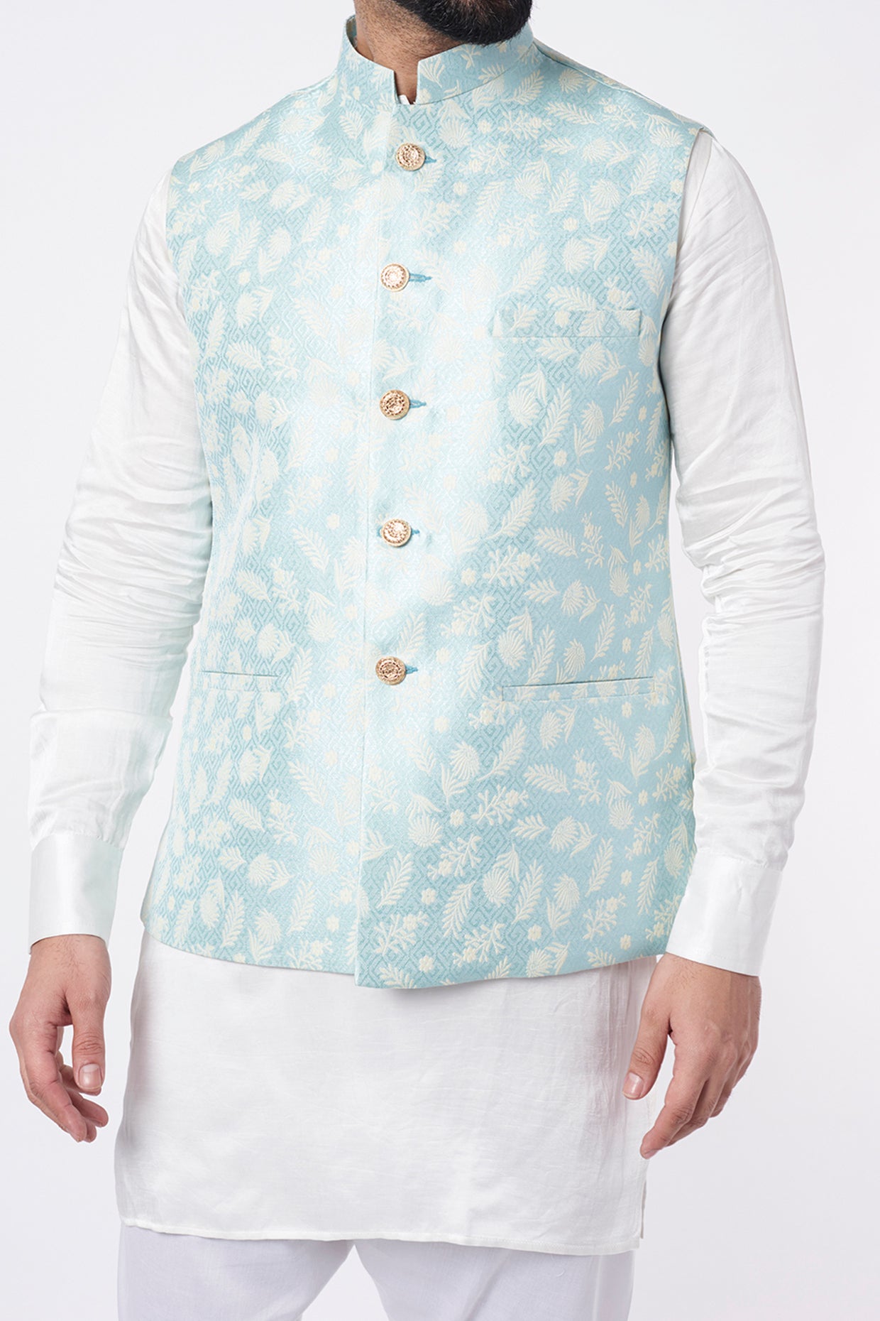 Blue Jacquard Bundi Jacket with Kurta Set - Spring Break