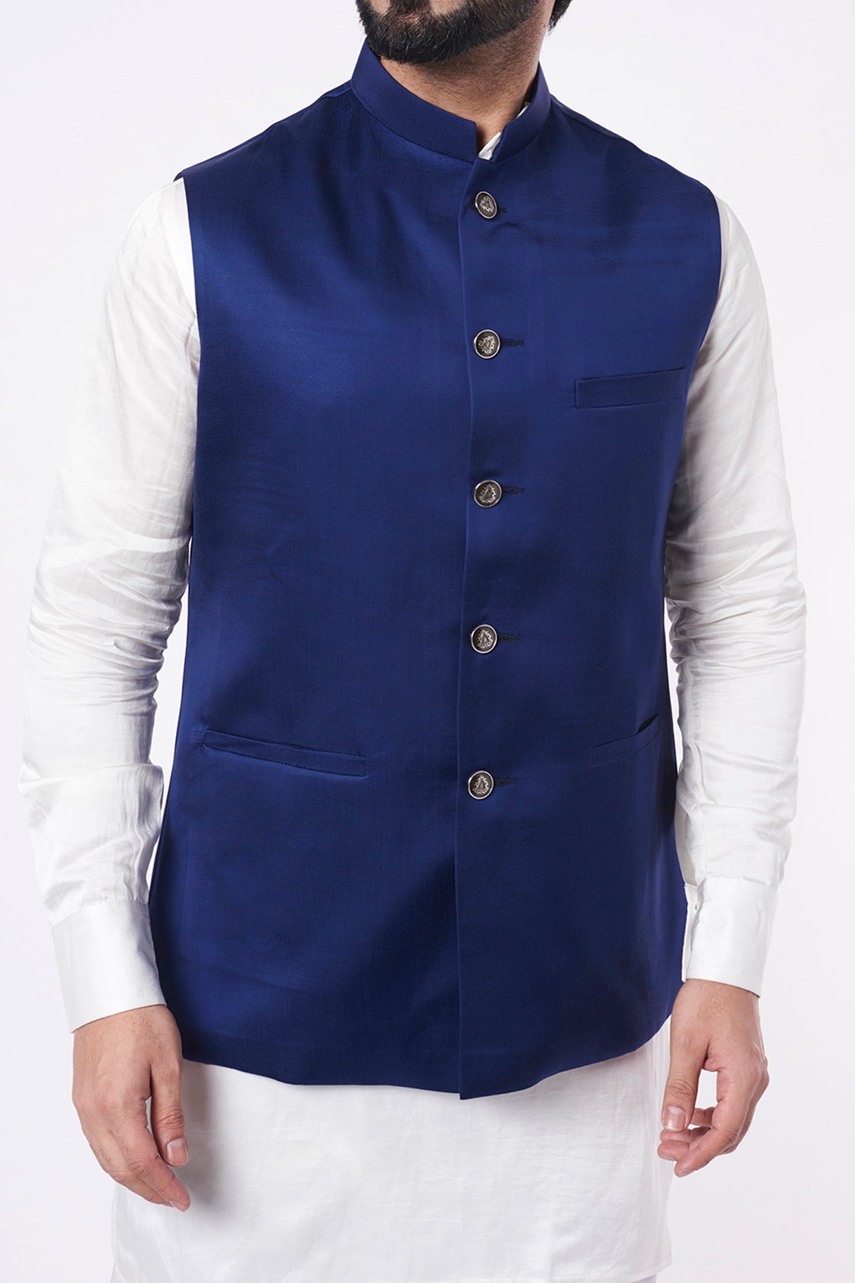 Navy Blue Nehru Jacket with Kurta Set - Main Image