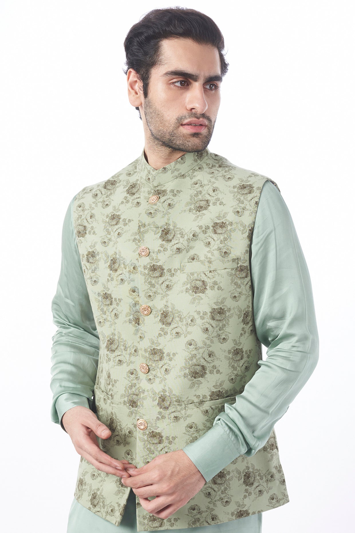 Mint Floral Print Bundi Jacket with Kurta Set - Spring Break