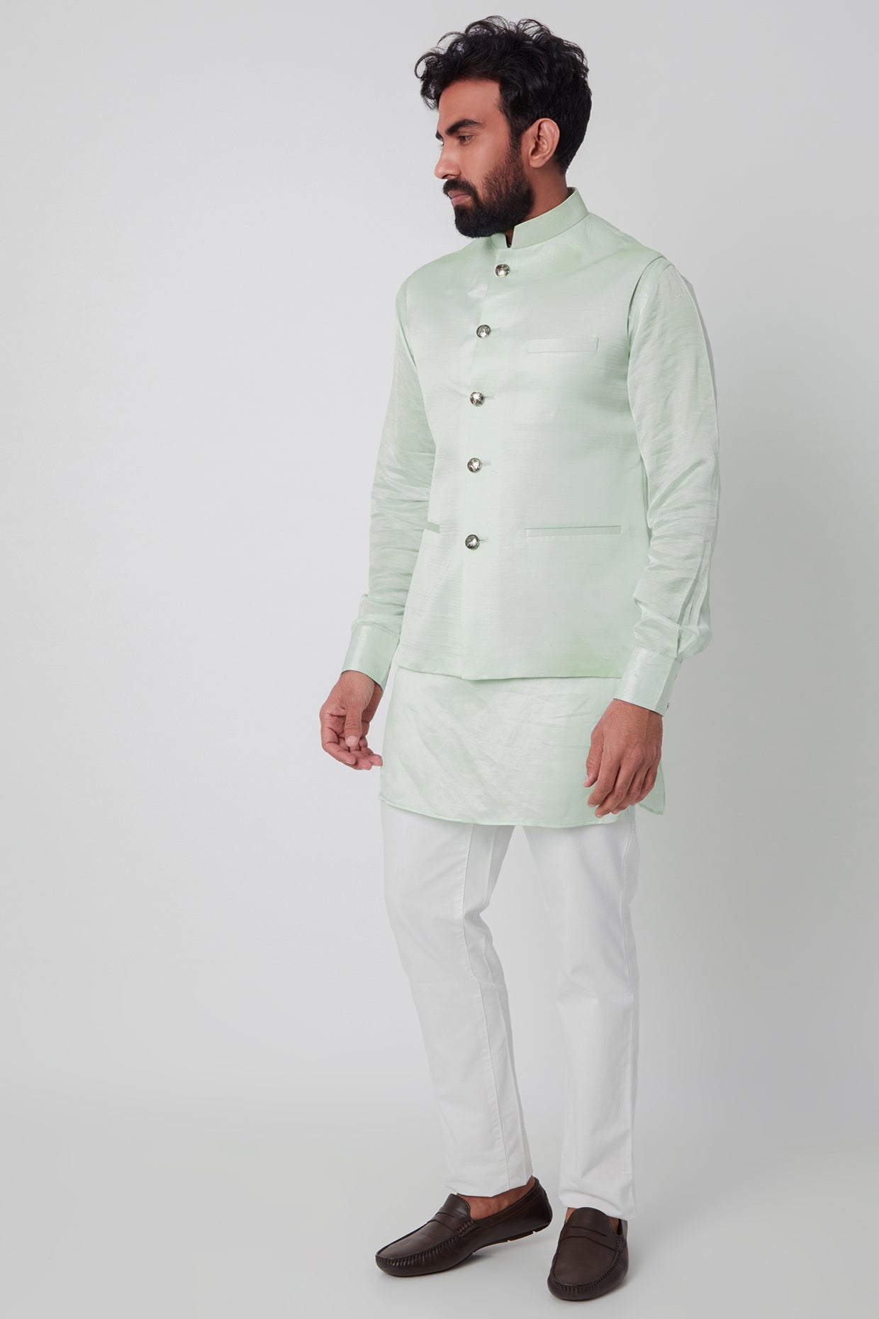 Mint Green Linen Satin Bundi Jacket With Kurta Set - Spring Break