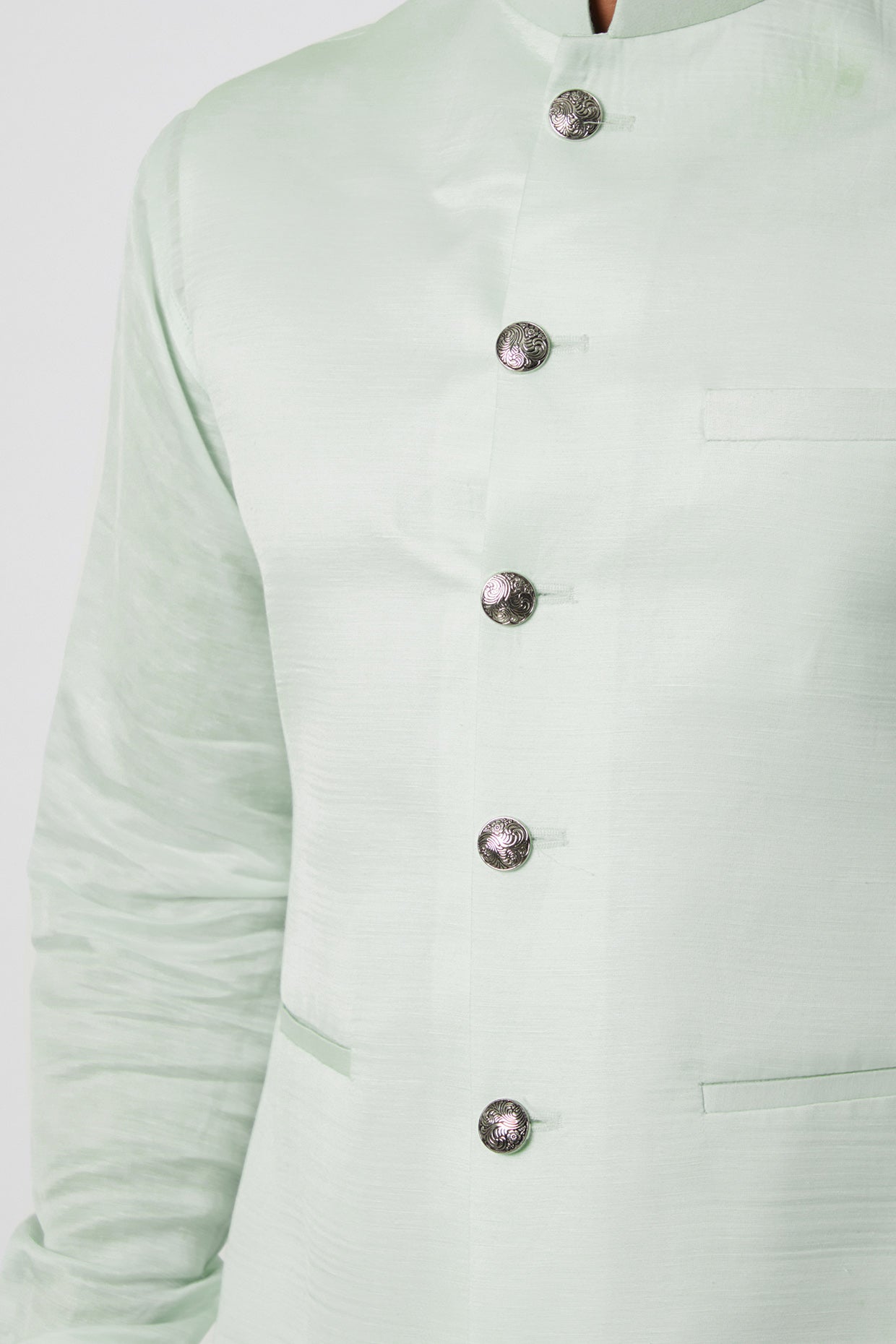Mint Green Linen Satin Bundi Jacket With Kurta Set - Spring Break