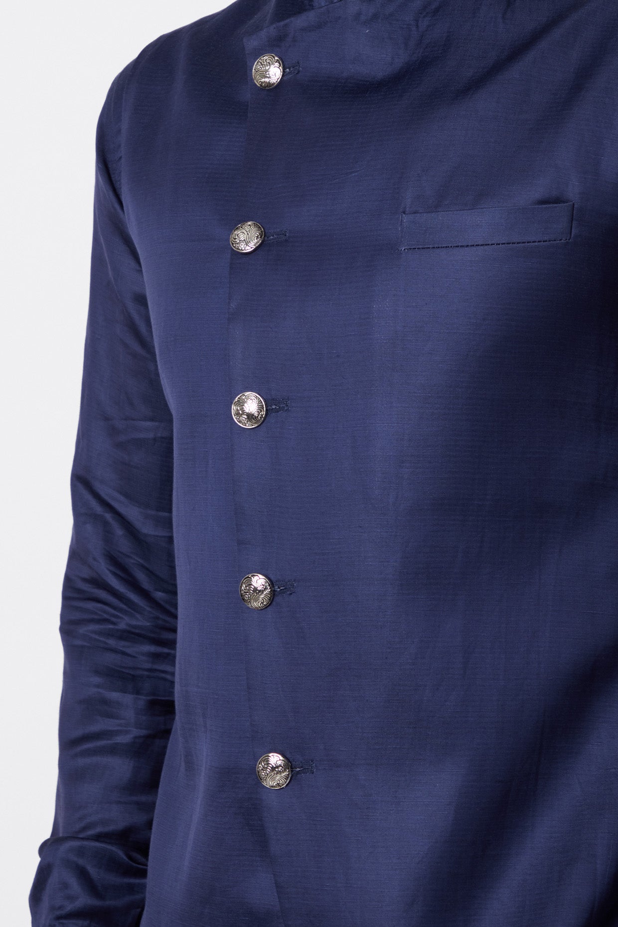 Navy Blue Bundi Linen Satin Jacket With Kurta Set - Spring Break