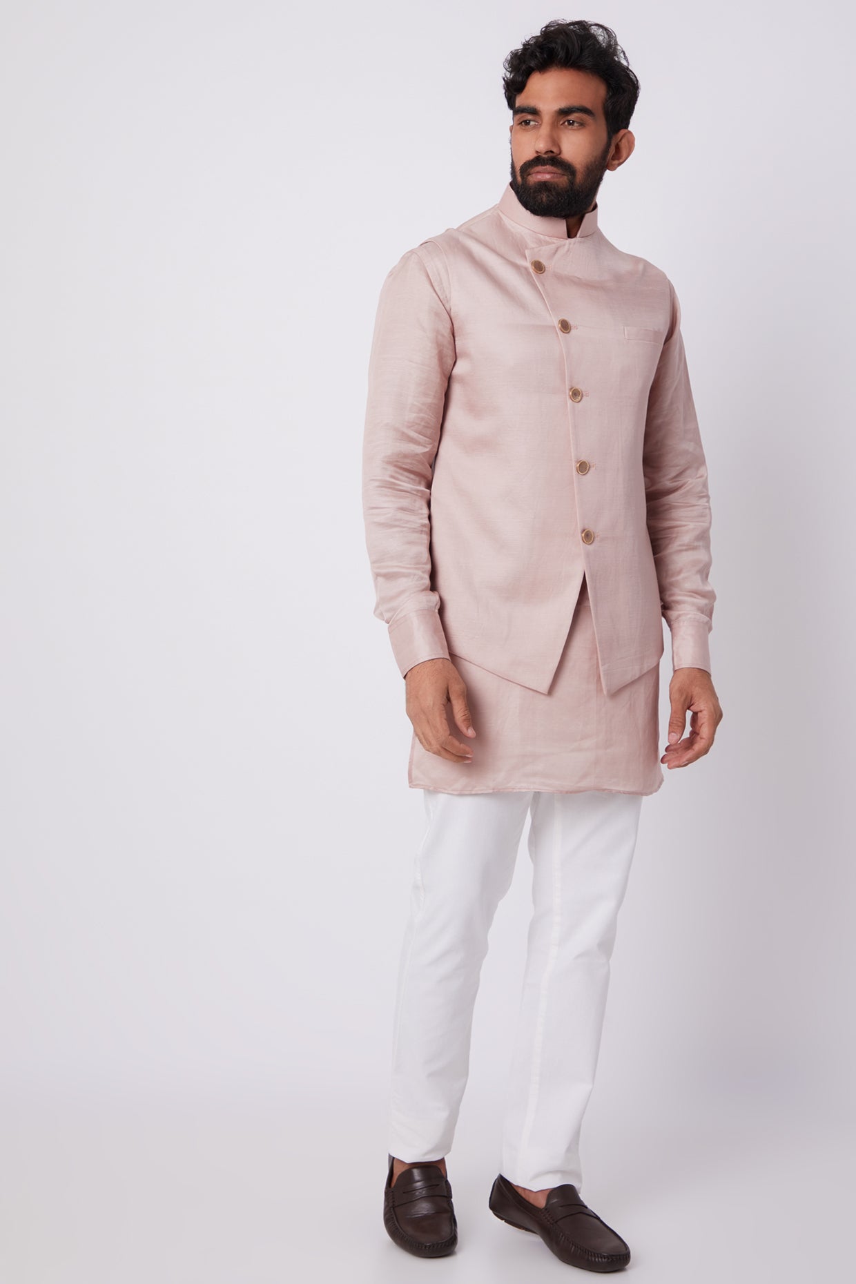 Blush Pink Linen Satin Bundi Jacket With Kurta Set - Spring Break