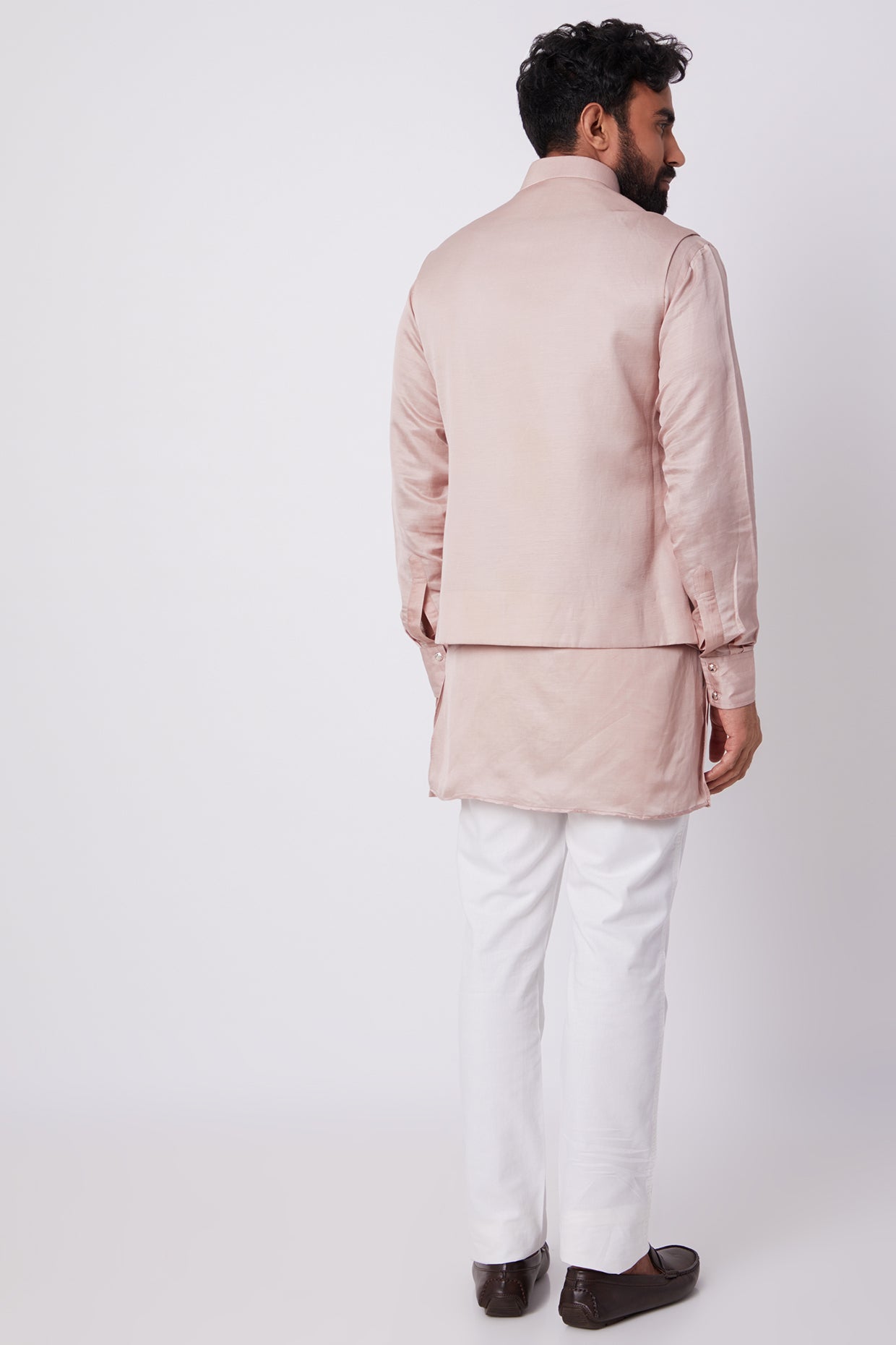 Blush Pink Linen Satin Bundi Jacket With Kurta Set - Spring Break
