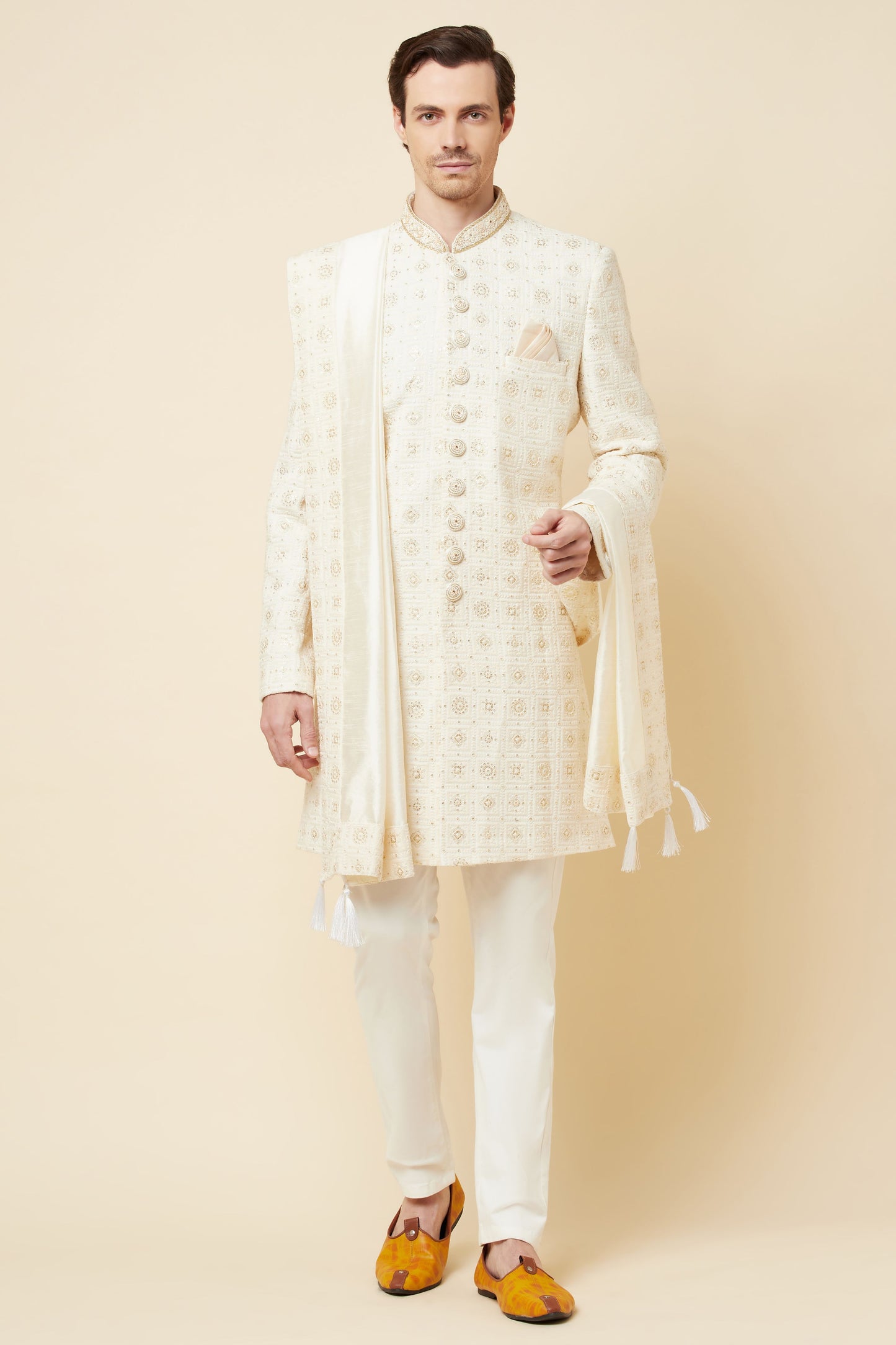 White Lucknowi Chikankari Embroidered Sherwani Set - Spring Break