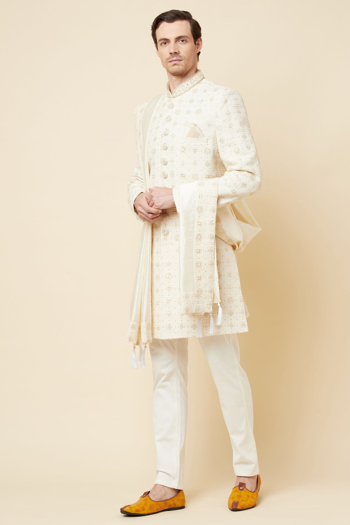 White Lucknowi Chikankari Embroidered Sherwani Set - Spring Break