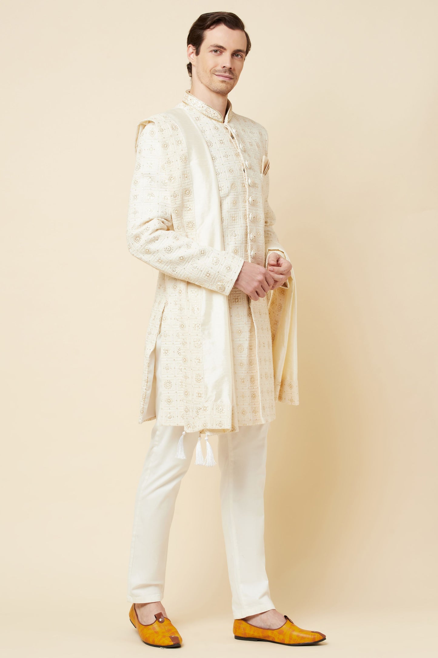 White Lucknowi Chikankari Embroidered Sherwani Set - Spring Break