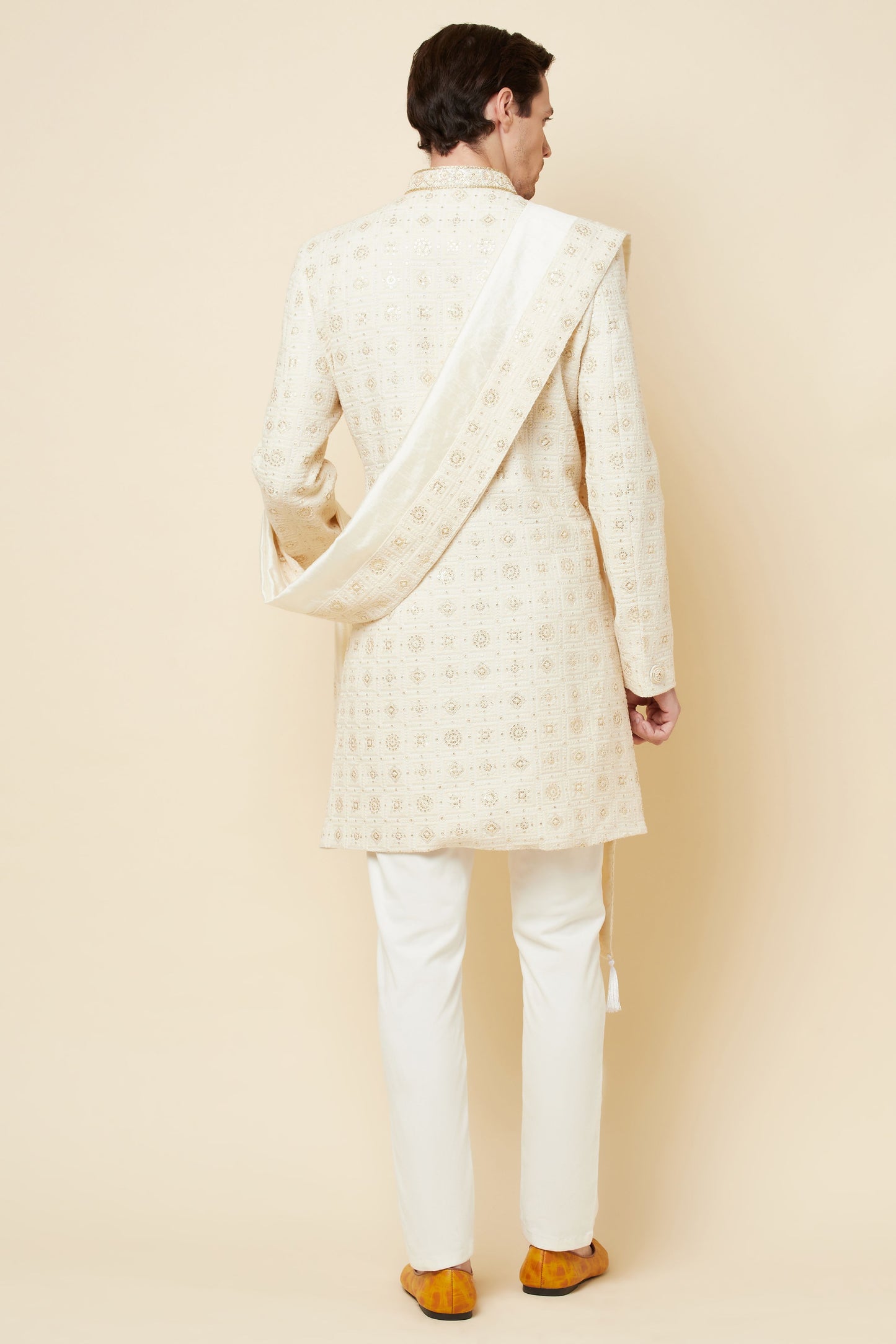 White Lucknowi Chikankari Embroidered Sherwani Set - Spring Break