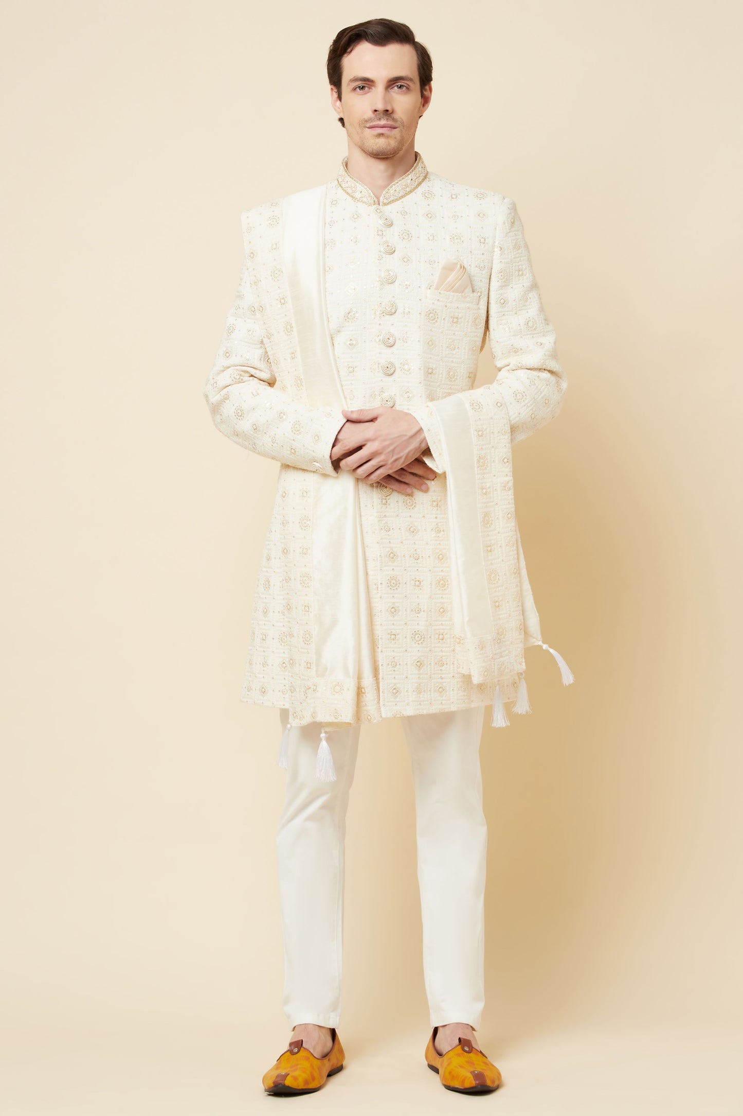 White Lucknowi Chikankari Embroidered Sherwani Set - Spring Break