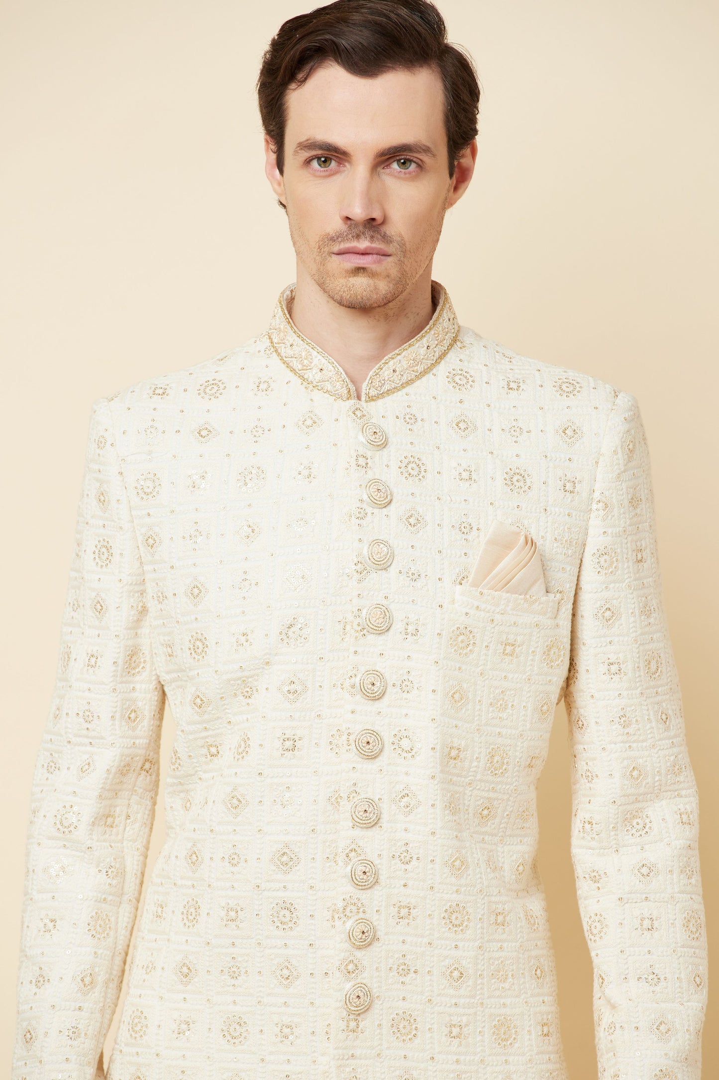 White Lucknowi Chikankari Embroidered Sherwani Set - Spring Break