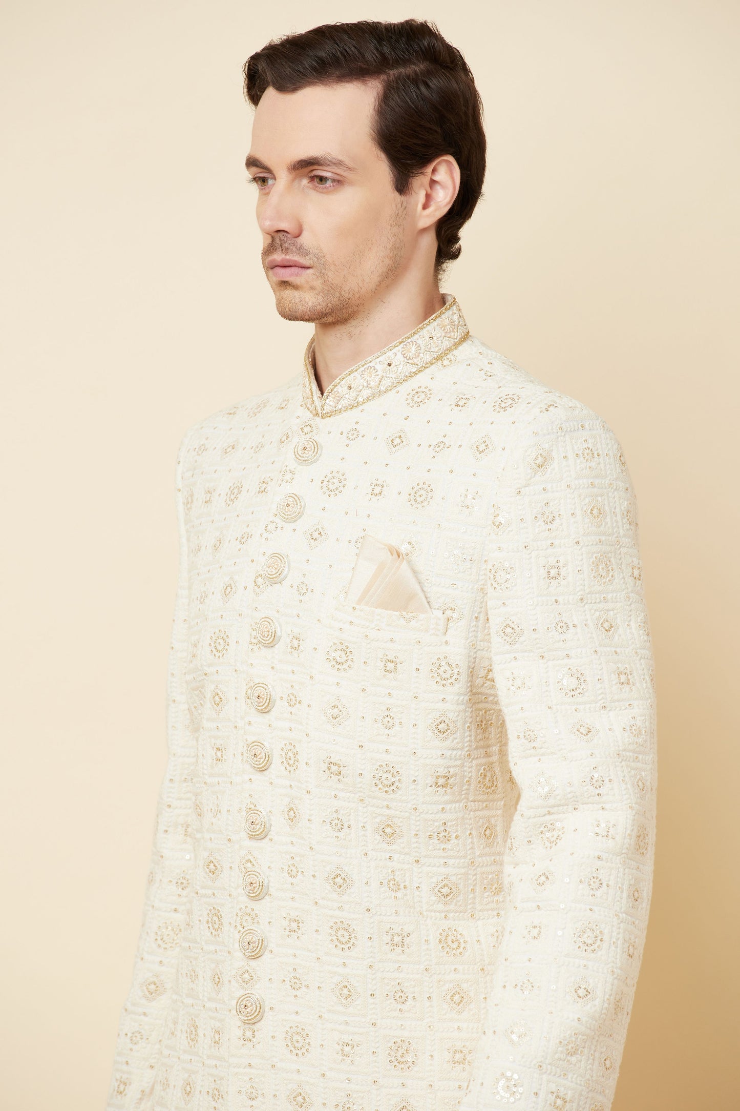 White Lucknowi Chikankari Embroidered Sherwani Set - Spring Break