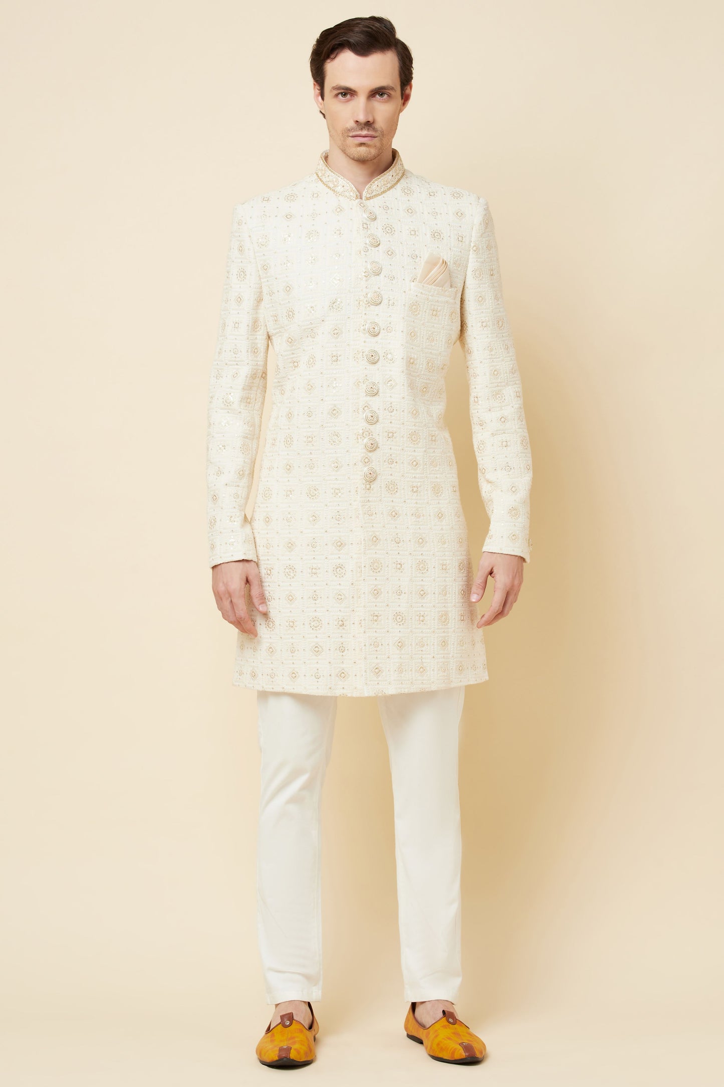 White Lucknowi Chikankari Embroidered Sherwani Set - Spring Break