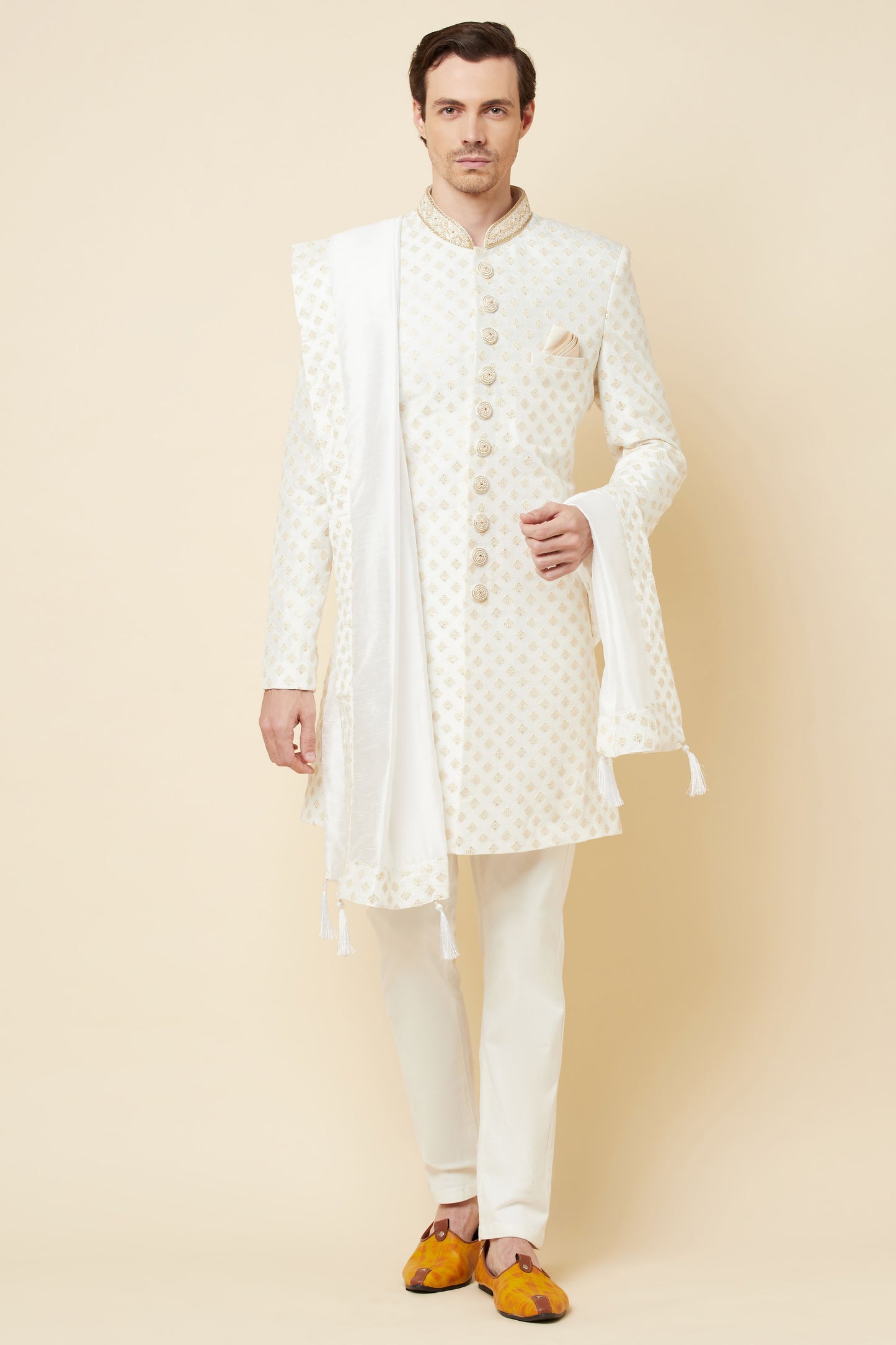 White & Gold Embroidered Polyester Cotton Sherwani Set - Spring Break