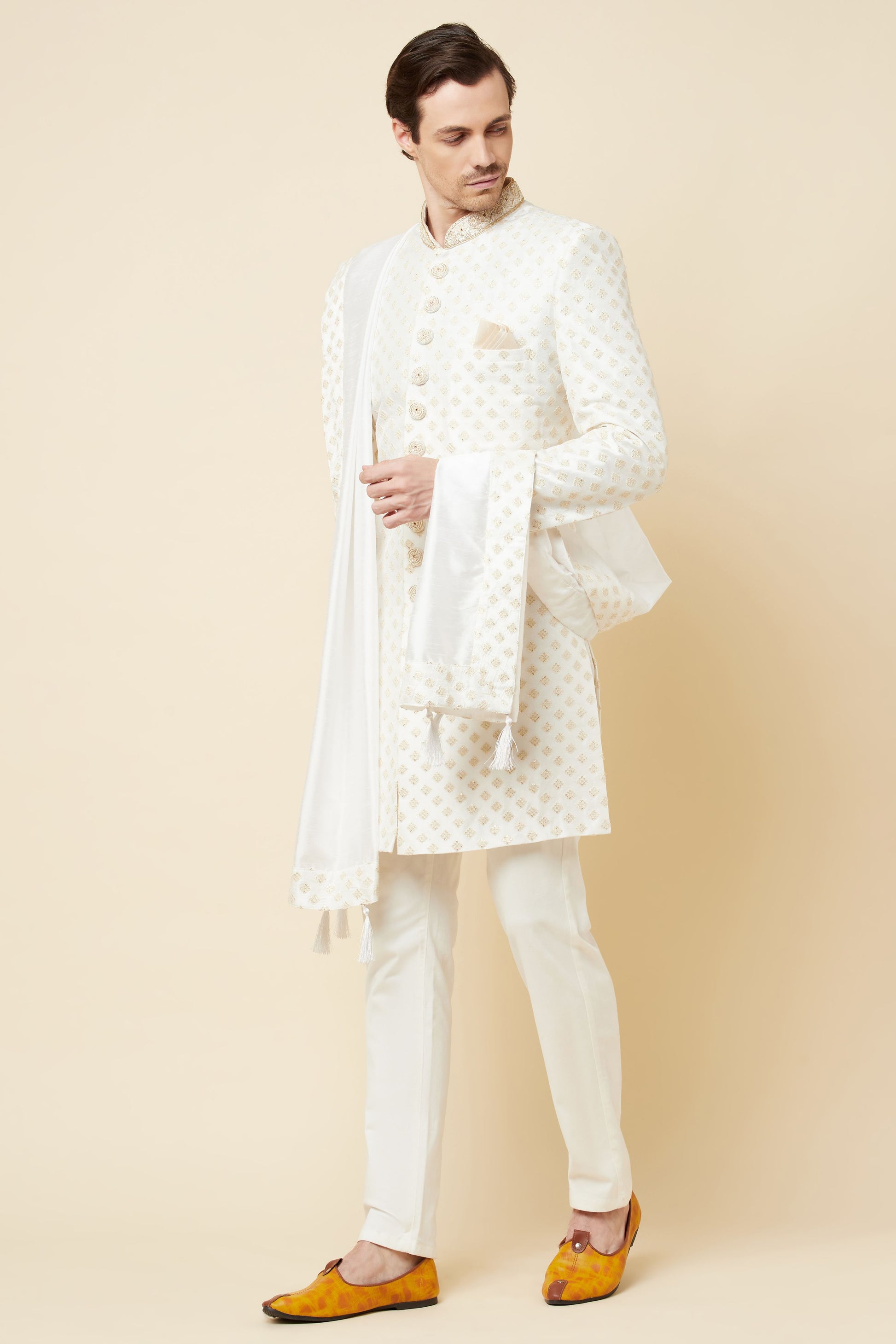 White & Gold Embroidered Polyester Cotton Sherwani Set - Spring Break