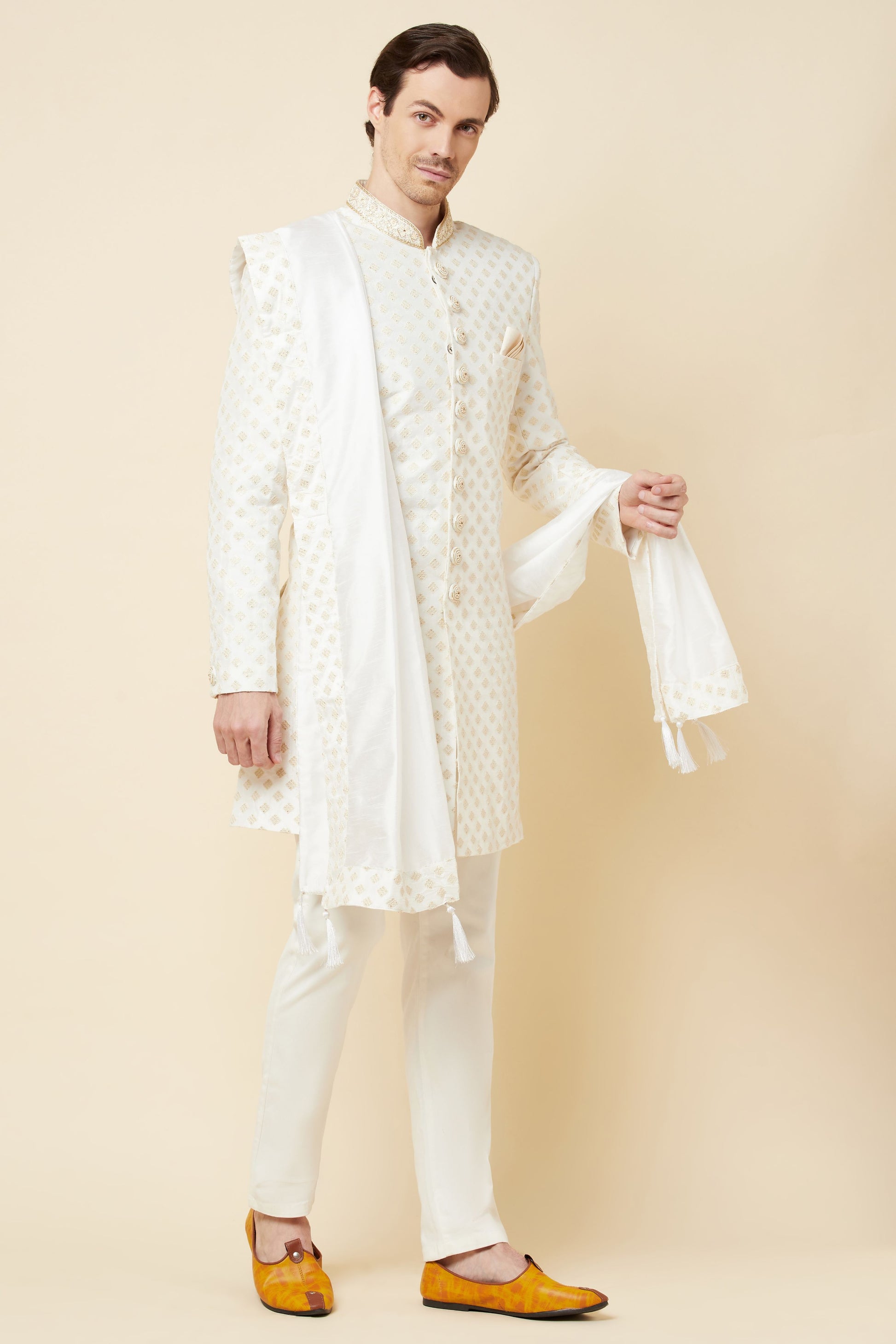 White & Gold Embroidered Polyester Cotton Sherwani Set - Spring Break