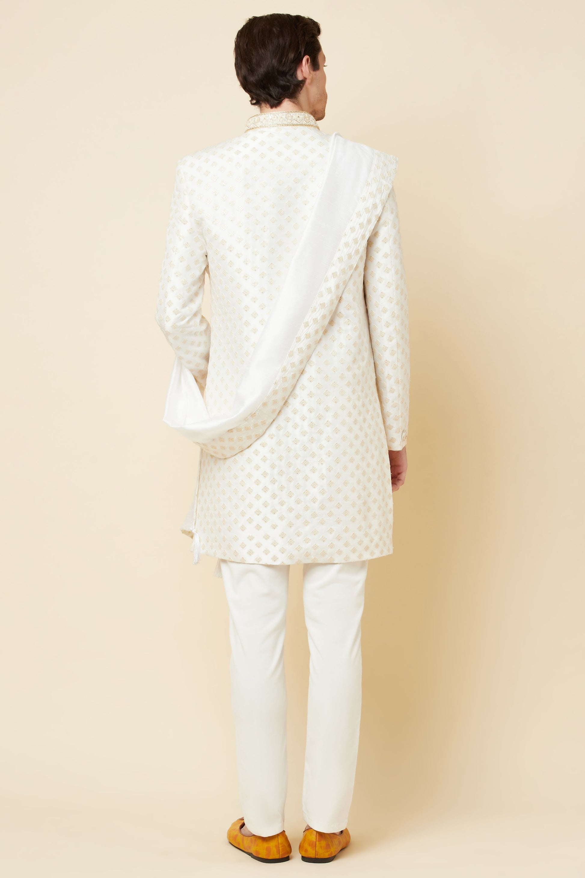 White & Gold Embroidered Polyester Cotton Sherwani Set - Spring Break