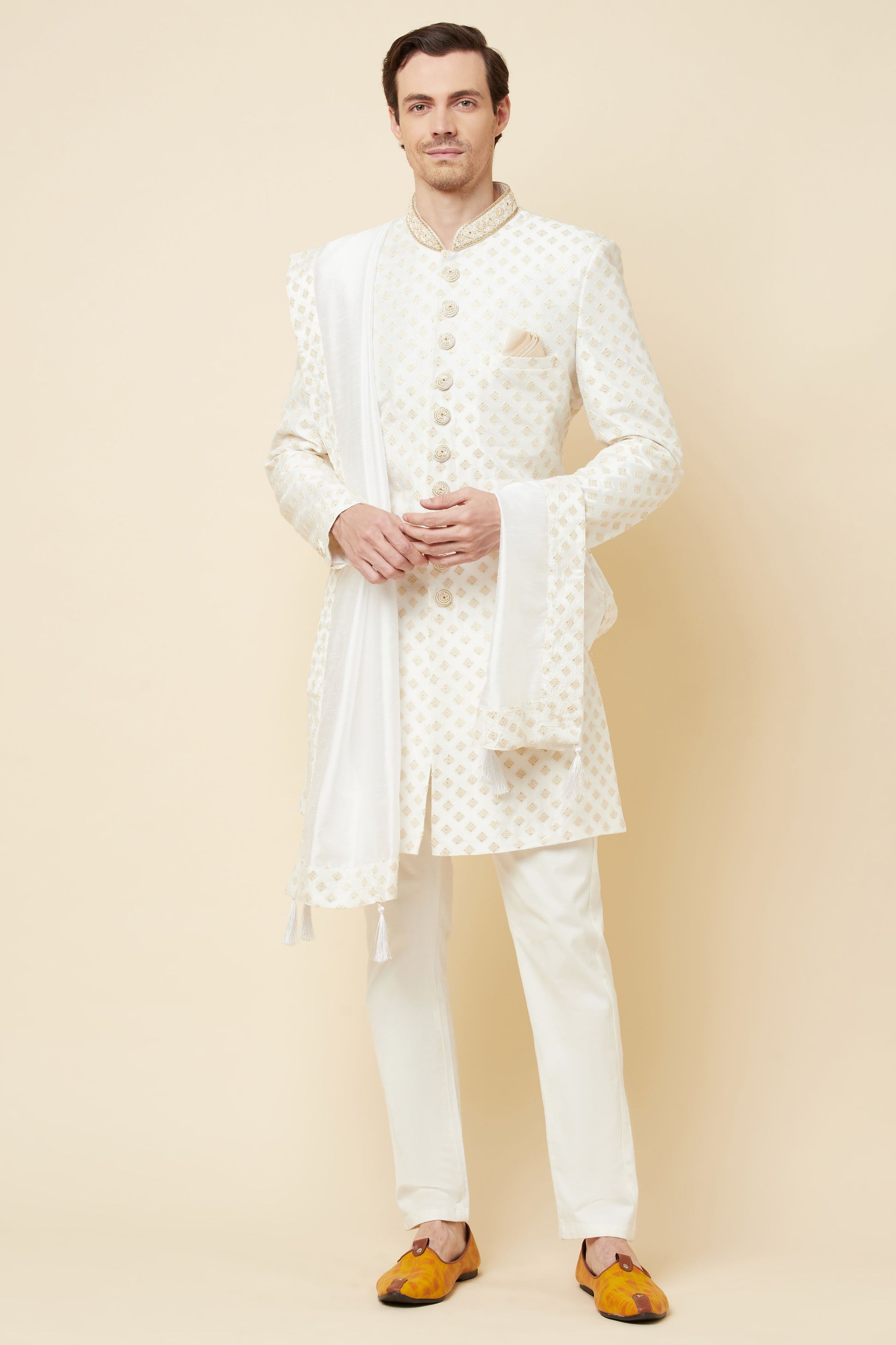 White & Gold Embroidered Polyester Cotton Sherwani Set - Spring Break