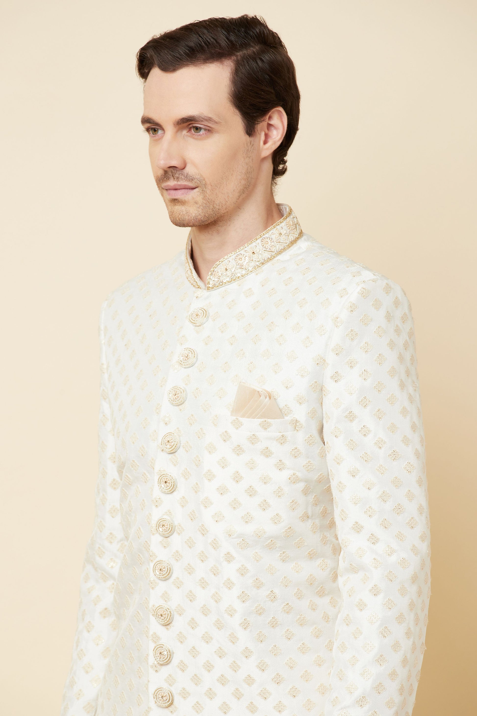 White & Gold Embroidered Polyester Cotton Sherwani Set - Spring Break