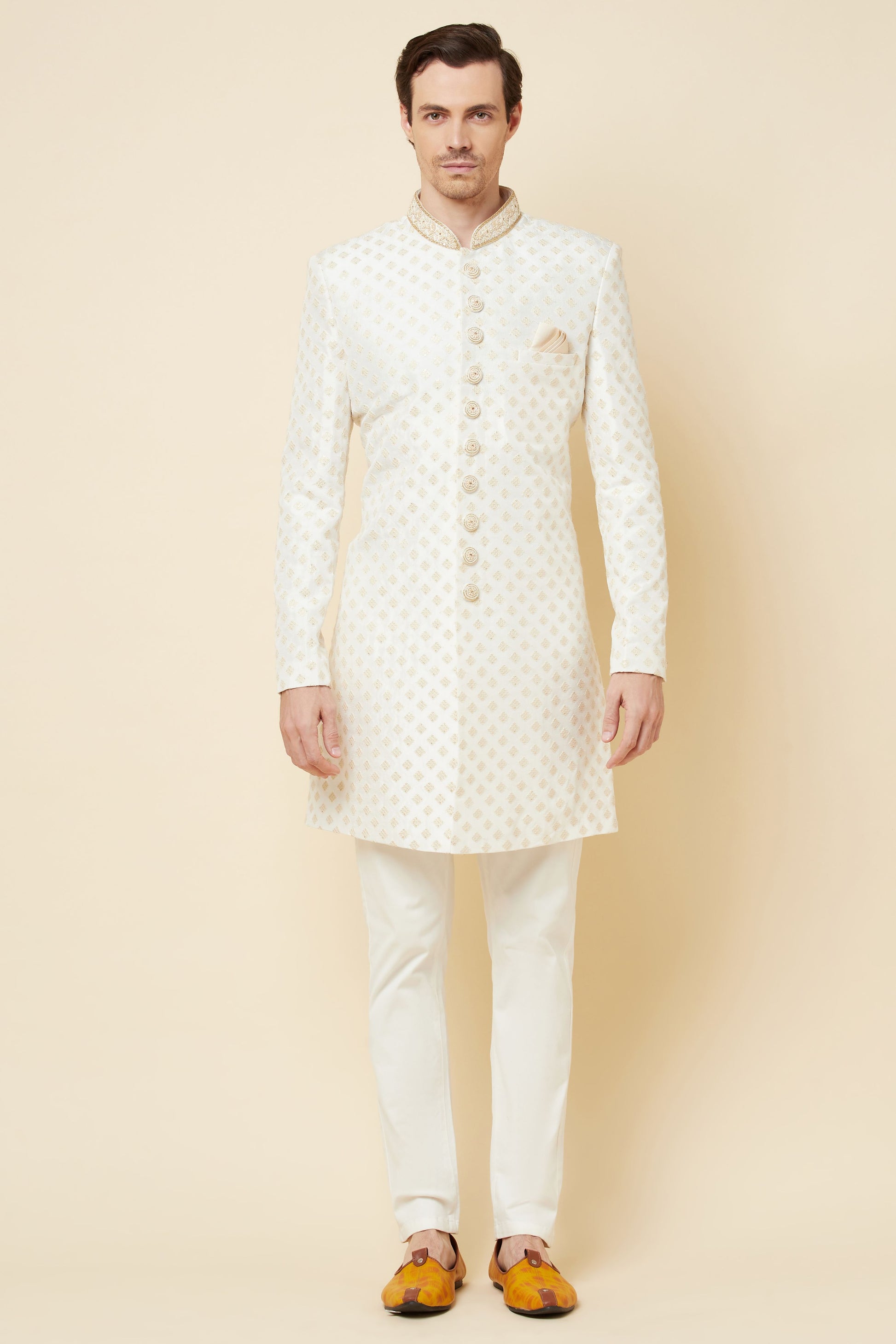 White & Gold Embroidered Polyester Cotton Sherwani Set - Spring Break